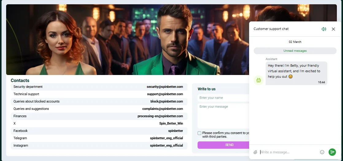 SpinBetter customer support page showing live chat and contact options